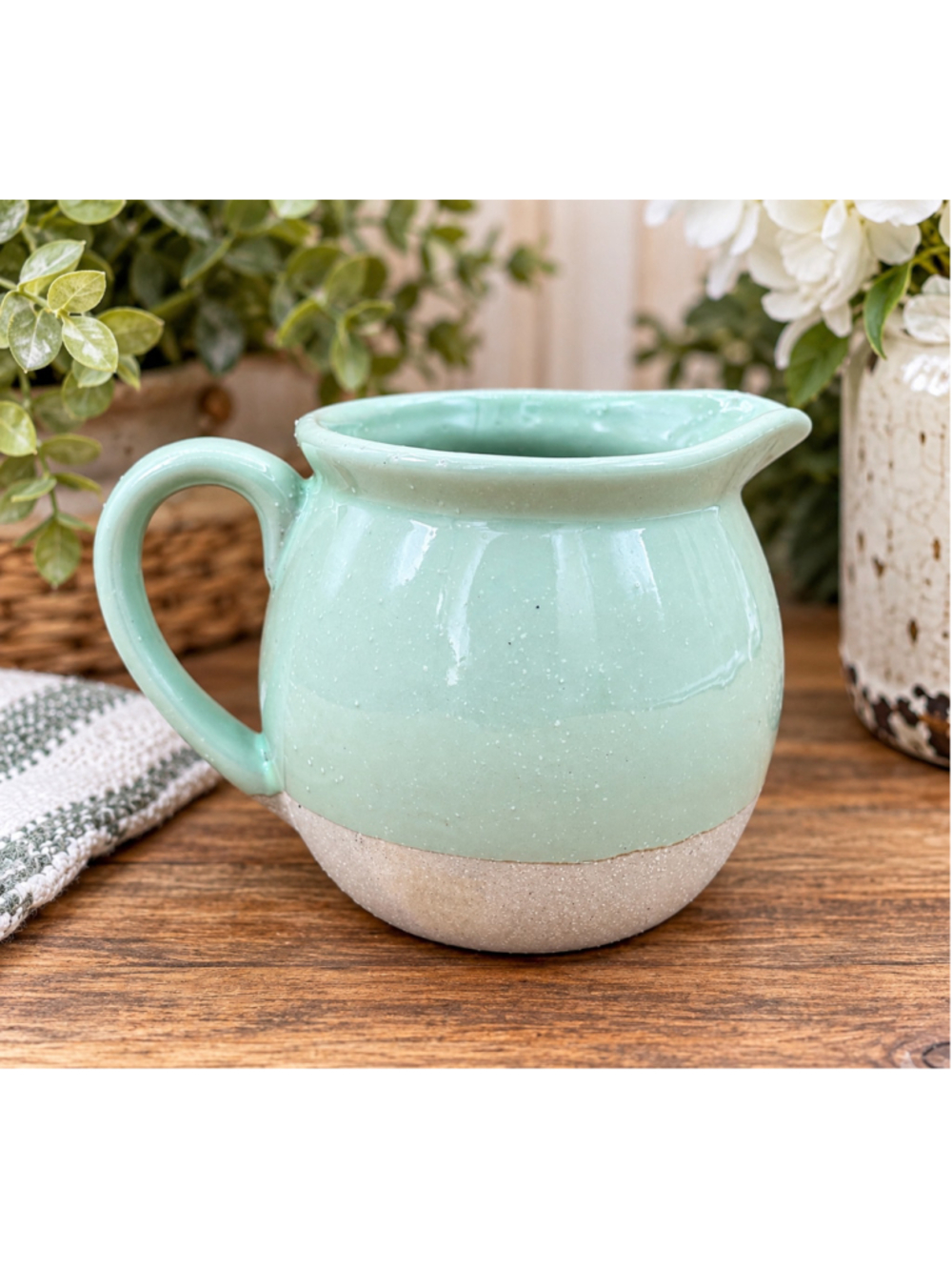 Creative Co-Op Made in Italy Green Stoneware Creamer Pitcher 4"